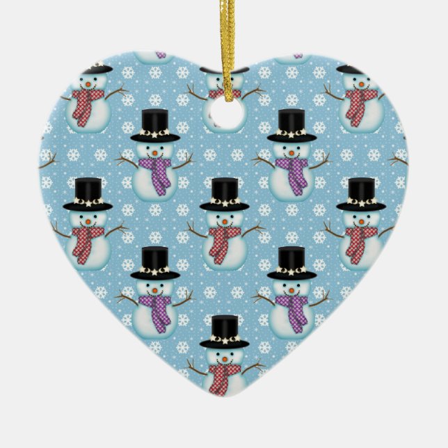 Cute Snowmen on Pale Blue Pattern Ceramic Tree Decoration (Front)