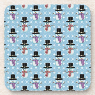 Cute Snowmen on Pale Blue Pattern Coaster