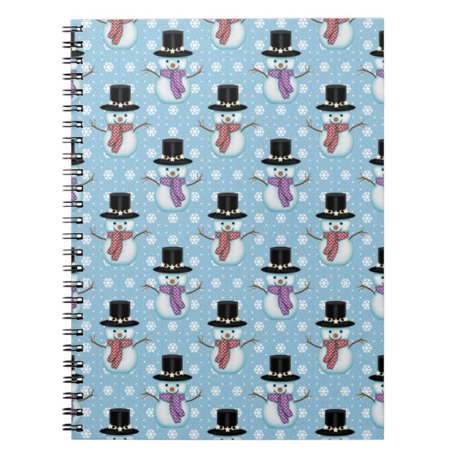 Cute Snowmen on Pale Blue Pattern Notebook (Front)