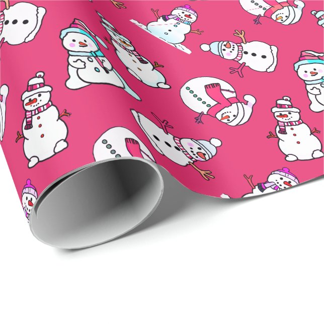 Cute Snowmen Pattern Pink Christmas Wrapping Paper (Roll Corner)