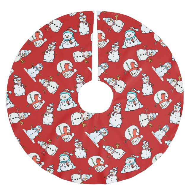 Cute Snowmen Pattern Red Christmas Brushed Polyester Tree Skirt (Front)