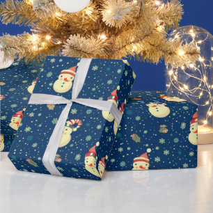 Cute Snowmen Snowflakes Blue Christmas Wrapping Paper