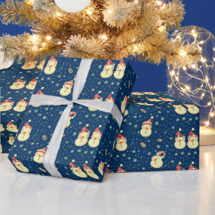 Cute Snowmen Snowflakes Blue Christmas Wrapping Paper