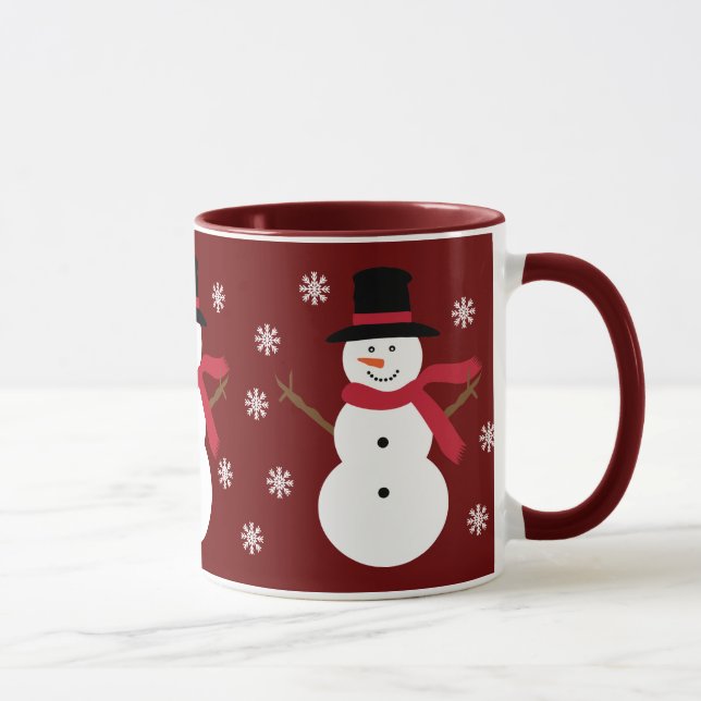 Cute Snowmen & Snowflakes Festive Red Ringer Mug (Right)