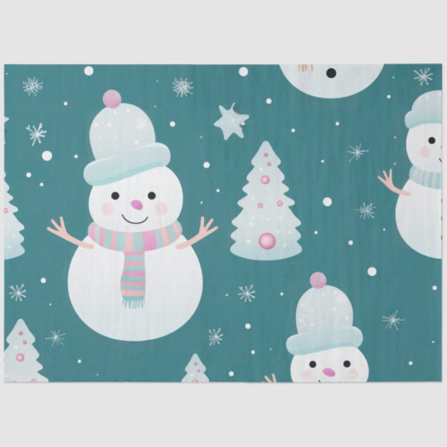 Cute Snowmen Snowflakes Green Christmas Tissue Paper (Front)