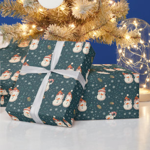 Cute Snowmen Snowflakes Green Christmas Wrapping Paper