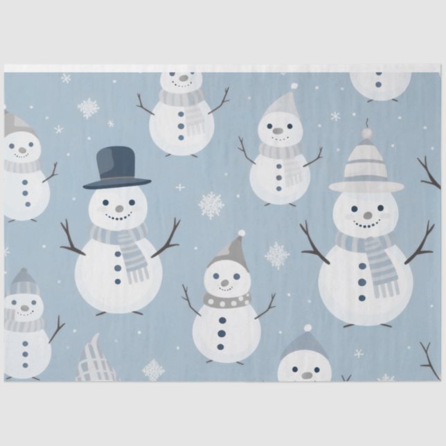 Cute Snowmen Snowflakes Grey Blue Christmas Tissue Paper (Front)