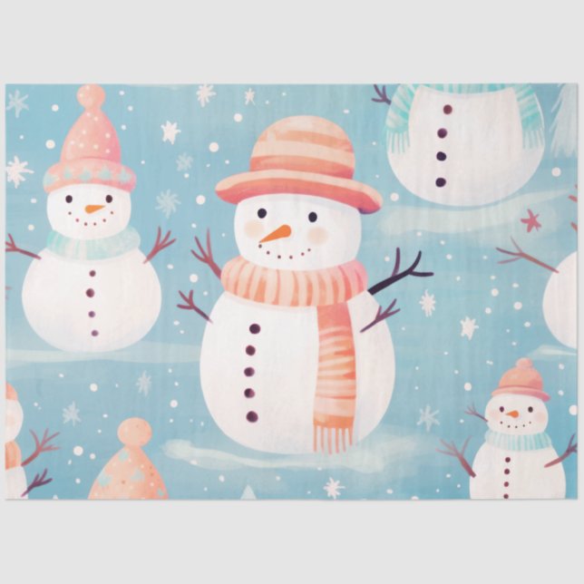 Cute Snowmen Snowflakes Ice Blue Christmas Tissue Paper (Front)