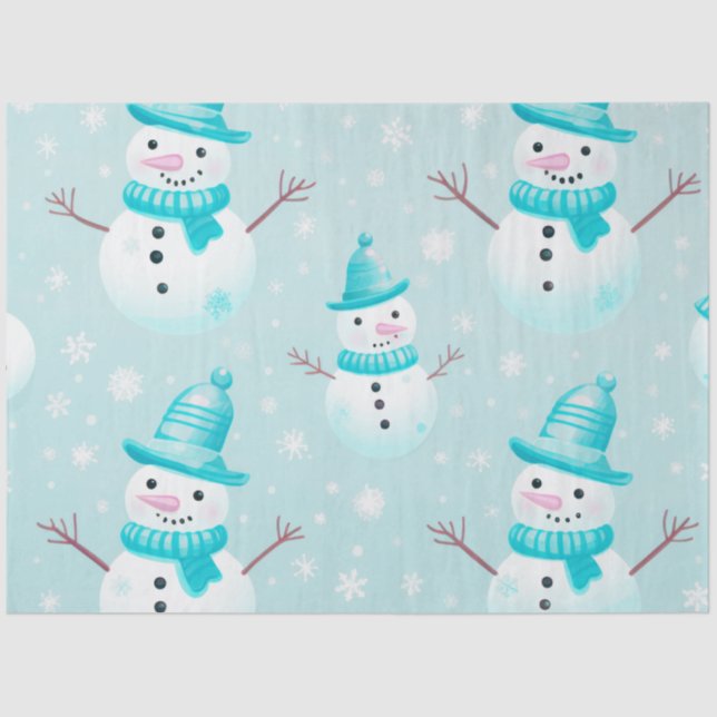 Cute Snowmen Snowflakes Light Blue Christmas Tissue Paper (Front)