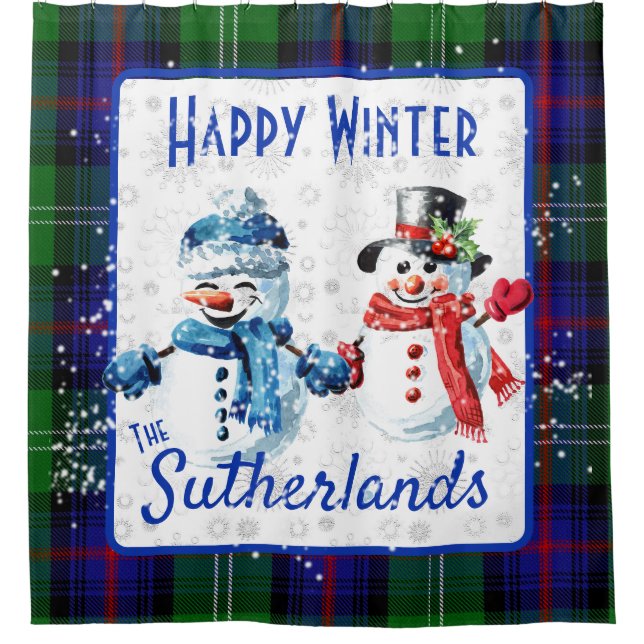 Cute Snowmen Sutherland Clan Tartan Happy Winter Shower Curtain (Front)