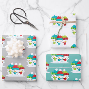Cute Snowmen Trio Christmas Wrapping Paper Sheet