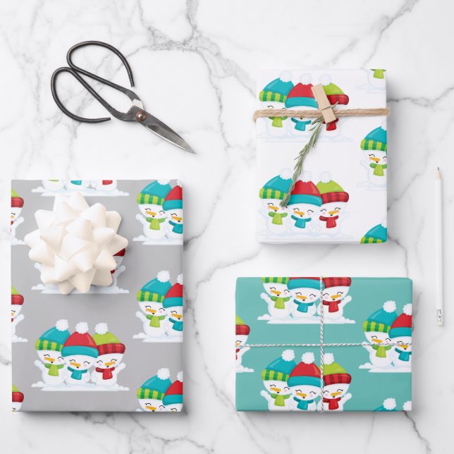 Cute Snowmen Trio Christmas Wrapping Paper Sheet (Front)
