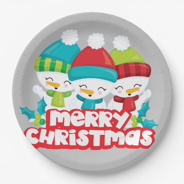 Cute Snowmen Trio Holiday Paper Plate (Front)