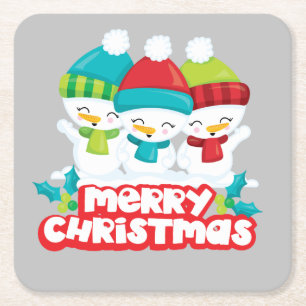 Cute Snowmen Trio Holiday Square Paper Coaster