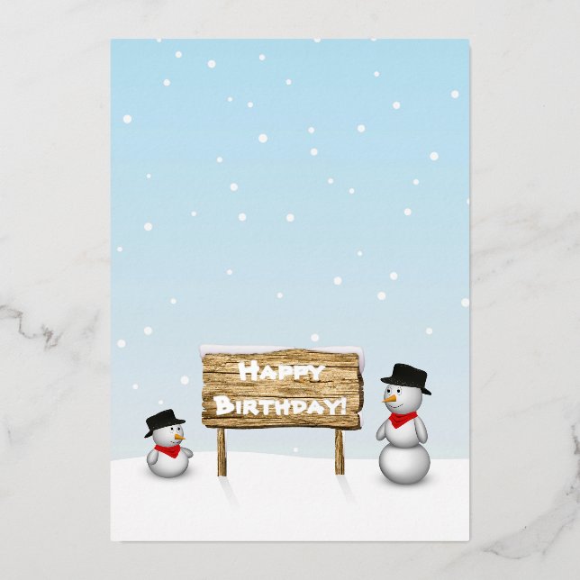 Cute Snowmen wishing Happy Birthday Foil Holiday Card (Front)