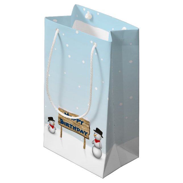 Cute Snowmen wishing Happy Birthday Small Gift Bag (Front Angled)