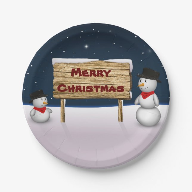 Cute Snowmen wishing Merry Christmas Paper Plate (Front)