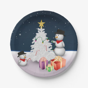 Cute Snowmen with Christmas Tree Paper Plate