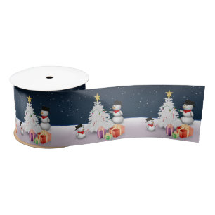 Cute Snowmen with Christmas Tree Satin Ribbon