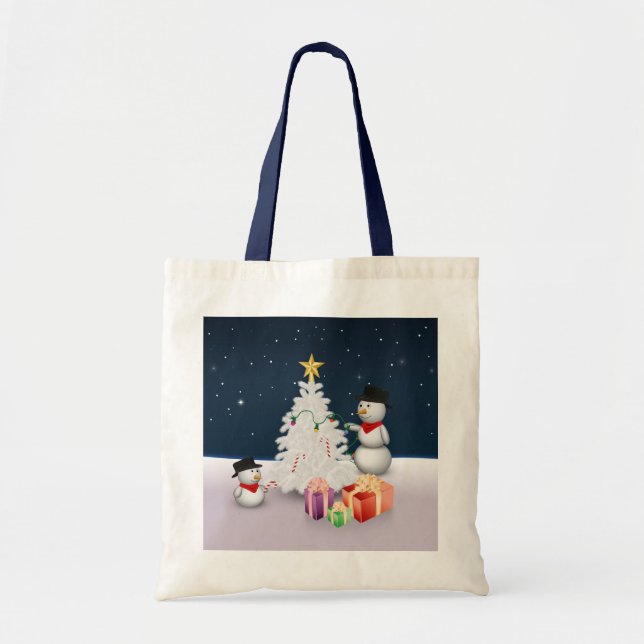 Cute Snowmen with Christmas Tree Tote Bag (Front)