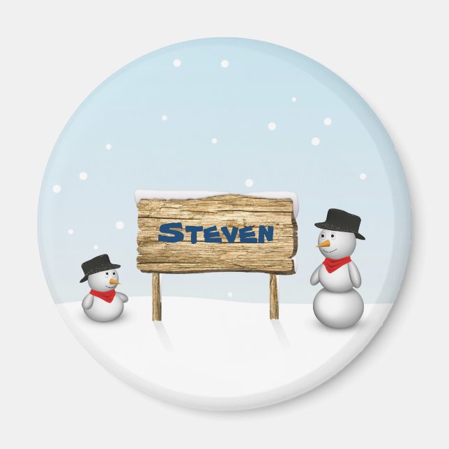 Cute Snowmen with Personalised Name Plate Magnet (Front)
