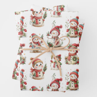 Cute snowmen with wooly hats wrapping paper sheet
