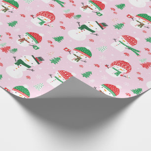 Cute Snowmen with xmas trees on light pink Wrapping Paper