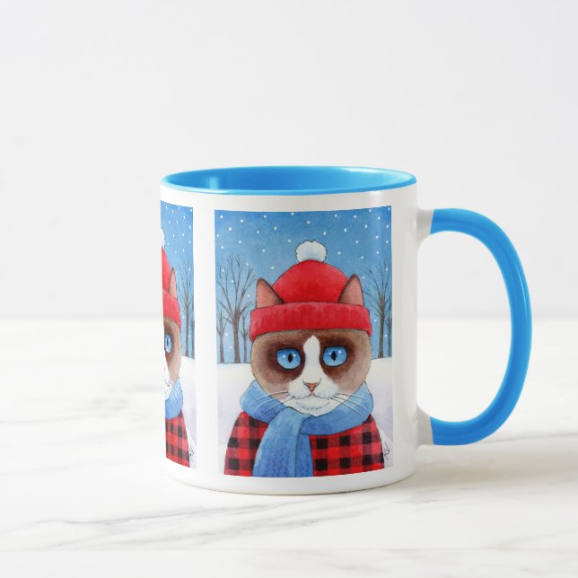Cute snowshoe cat, snowy winter nature mug (Right)