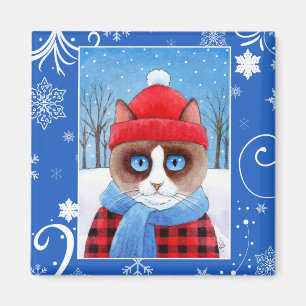 Cute Snowshoe Ragdoll cat, Christmas winter nature Magnet