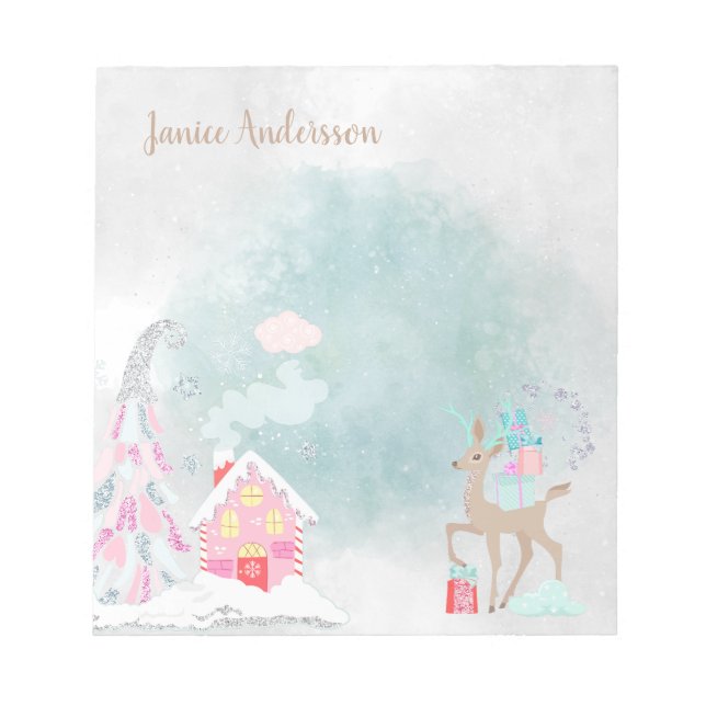 Cute Snowy Blue Pink Christmas Deer Winter Notepad (Front)