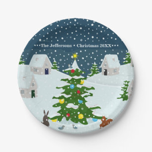 Cute Snowy Christmas village Paper Plate