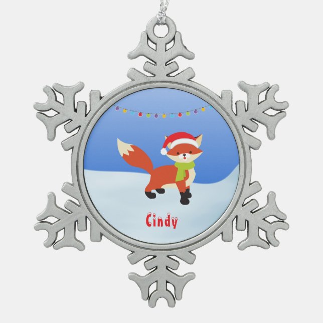 Cute Snowy Fox in Santa Hat Snowflake Pewter Christmas Ornament (Front)