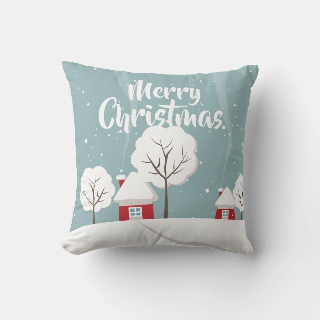 Cute Snowy Houses and Trees Christmas Cushion (Front)