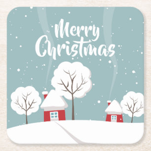 Cute Snowy Houses and Trees Christmas Square Paper Coaster