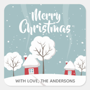 Cute Snowy Houses and Trees Christmas Square Sticker