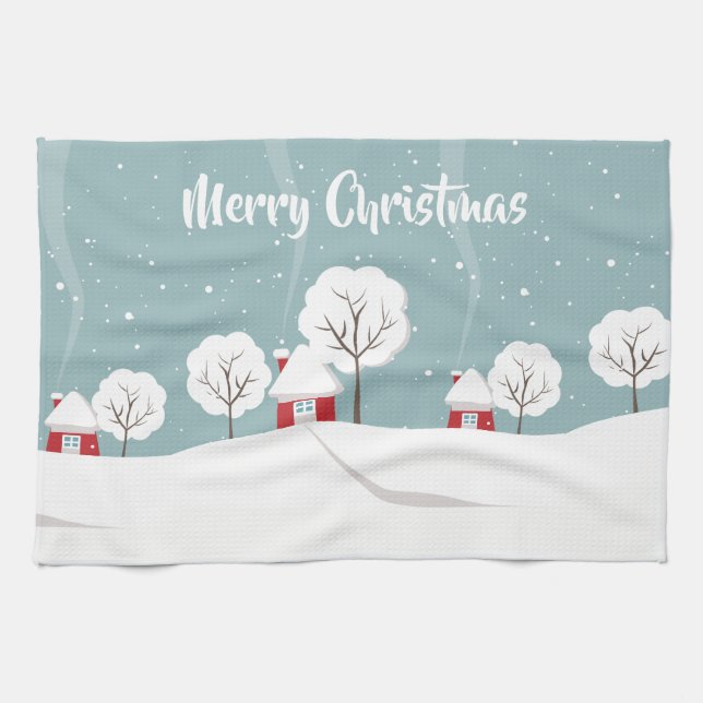 Cute Snowy Houses and Trees Christmas Tea Towel (Horizontal)
