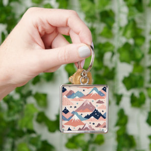 Cute snowy mountains and stars pattern pink key ring