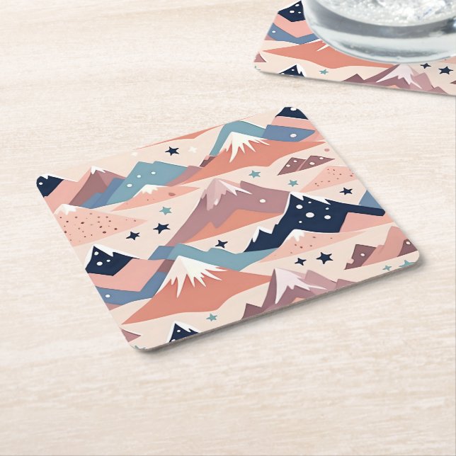 Cute snowy mountains and stars pattern pink square paper coaster (Angled)