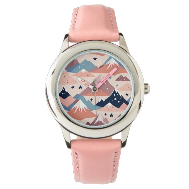 Cute snowy mountains and stars pattern pink watch (Front)