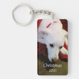Cute Snowy White Puppy Christmas Red Key Ring