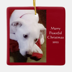 Cute Snowy White Puppy Dog Peace Christmas Ceramic Ornament