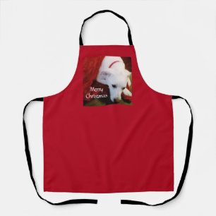 Cute Snowy White Puppy Dog Red Christmas Apron