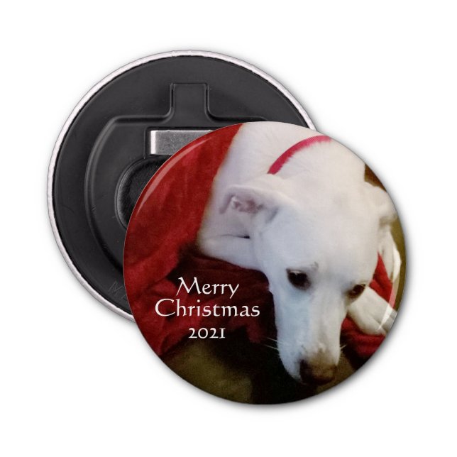 Cute Snowy White Puppy Dog Red Christmas  Bottle Opener (Front)
