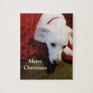 Cute Snowy White Puppy Dog With Blanket Christmas Jigsaw Puzzle