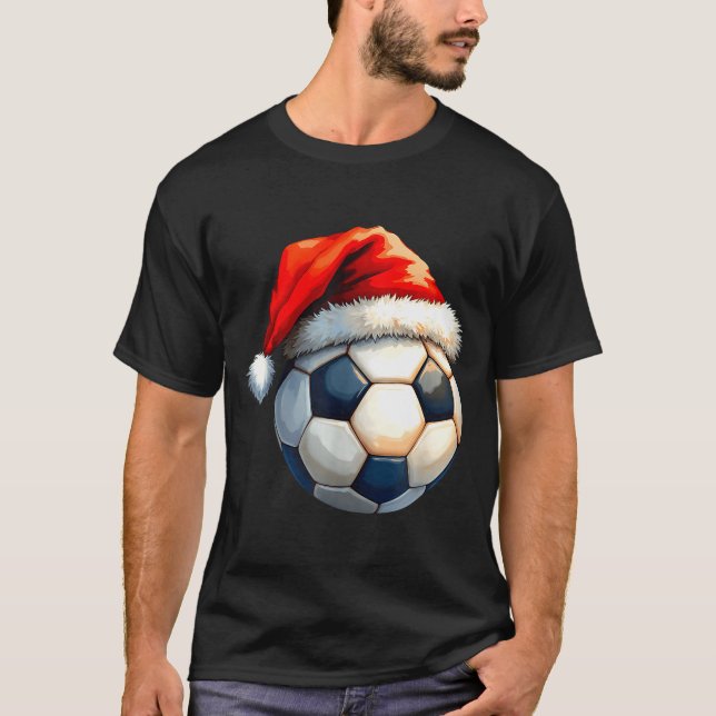 Cute Soccer Ball Christmas Santa Hat Funny Holiday T-Shirt (Front)