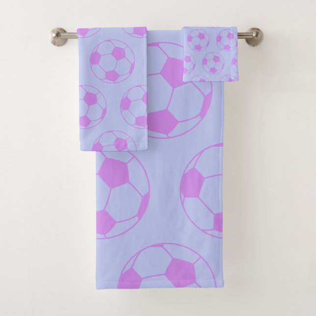 Cute Soccer Ball Pattern in Purple and Blue Bath Towel Set (Insitu)