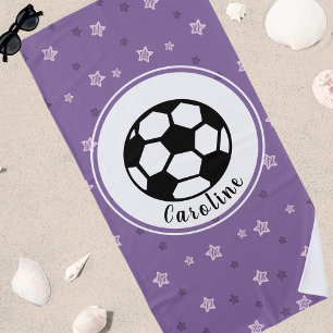 Cute Soccer Ball Purple Girl's Name Custom Beach Towel