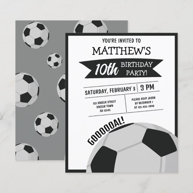 Cute Soccer Ball Ribbon Budget Birthday Invite (Front/Back)