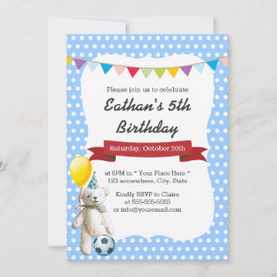 Cute Soccer Bear Blue Polka Dots Birthday Party Invitation