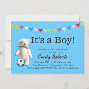 Cute Soccer Bear Boy Baby Shower Invitations